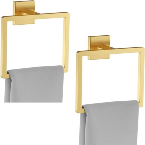Bathroom towel ring set 2 piece wall mounted brushed gold square hand towel hold - Picture 1 of 8